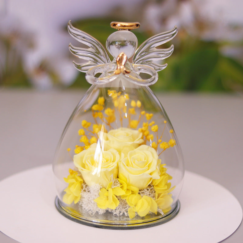 Happy Valentine's Eternal Dried Rose Gift Box with Angel Glass Cover