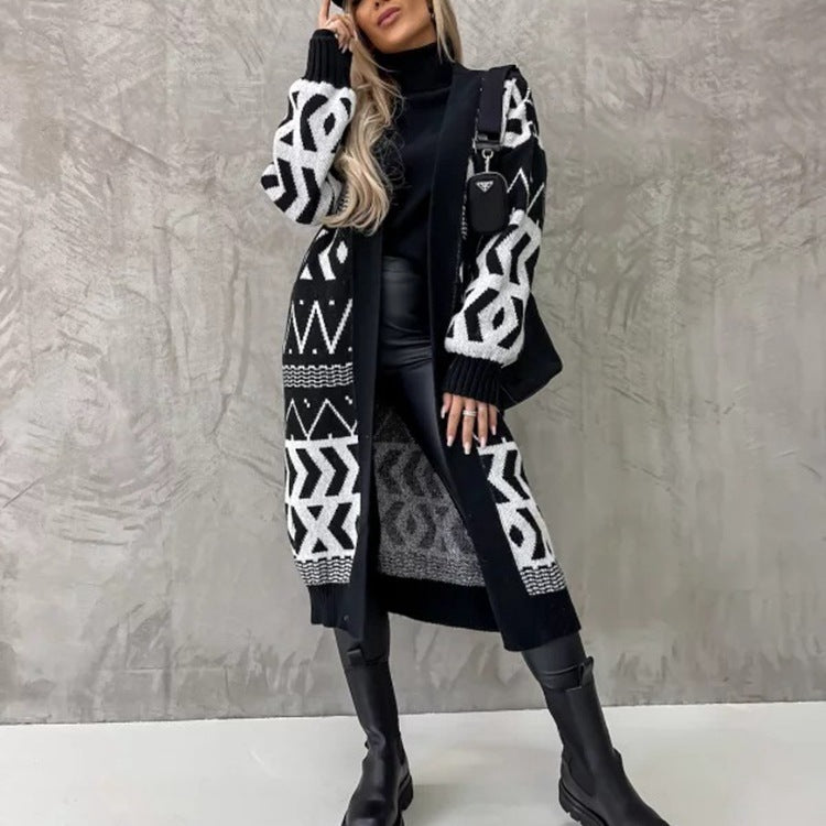 Print Long Sleeve Button Knitted Cardigan