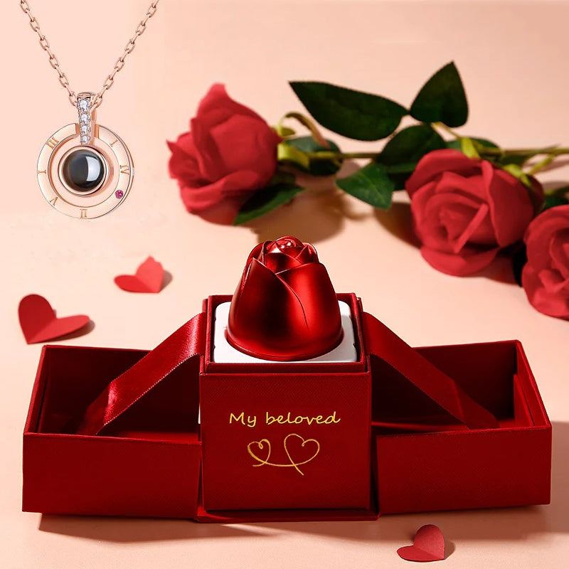 Valentine's Day Gifts Metal Rose Jewelry Gift Box & Necklace