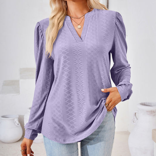 V-neck Jacquard Long Sleeve Loose-fitting T-shirt