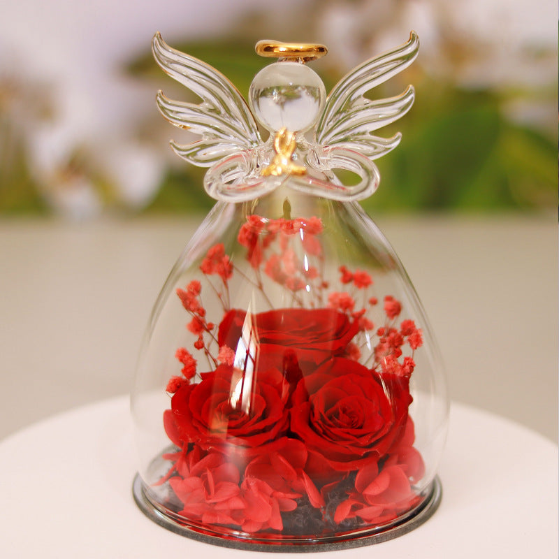 Happy Valentine's Eternal Dried Rose Gift Box with Angel Glass Cover