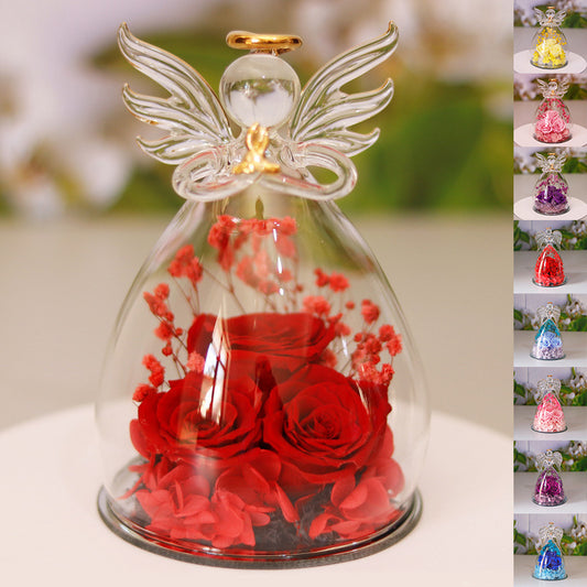 Happy Valentine's Eternal Dried Rose Gift Box with Angel Glass Cover