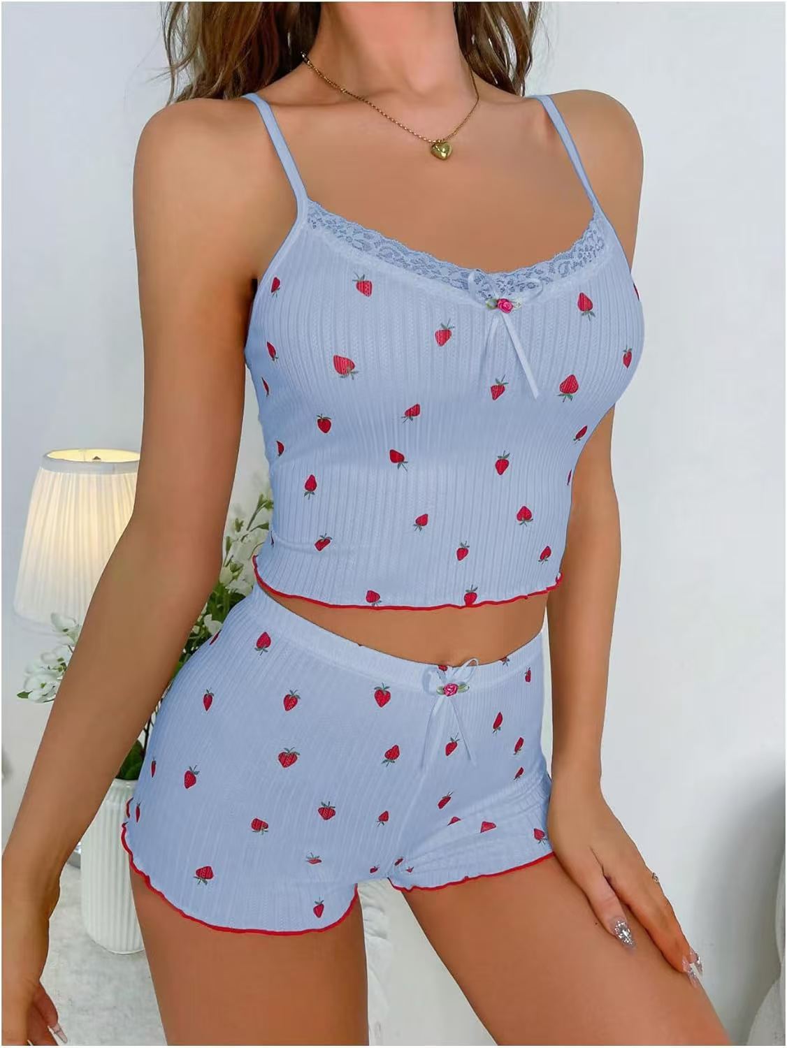 Ladies Strawberry Printed Two-piece Nightwear