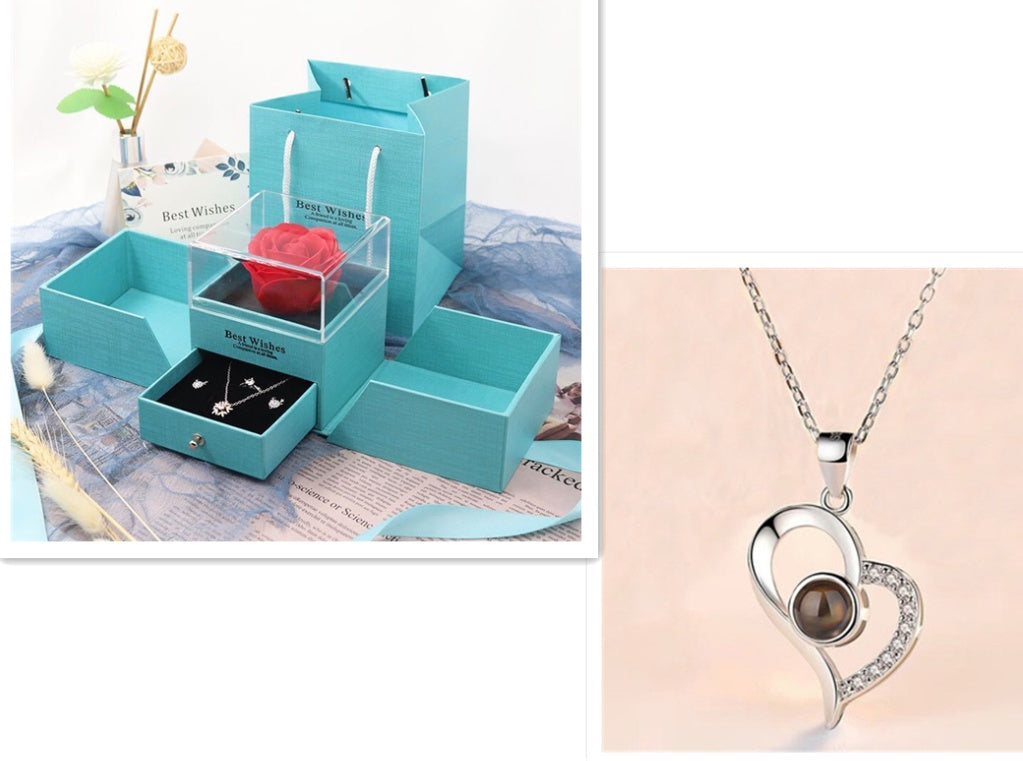 Valentine's Day Gifts Metal Rose Jewelry Gift Box & Necklace