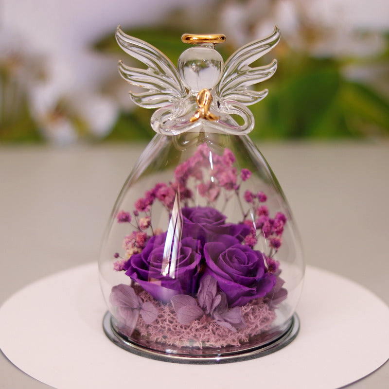 Happy Valentine's Eternal Dried Rose Gift Box with Angel Glass Cover