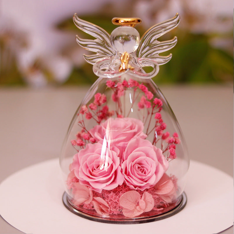 Happy Valentine's Eternal Dried Rose Gift Box with Angel Glass Cover