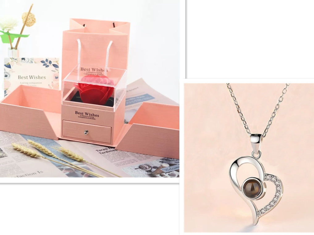 Valentine's Day Gifts Metal Rose Jewelry Gift Box & Necklace