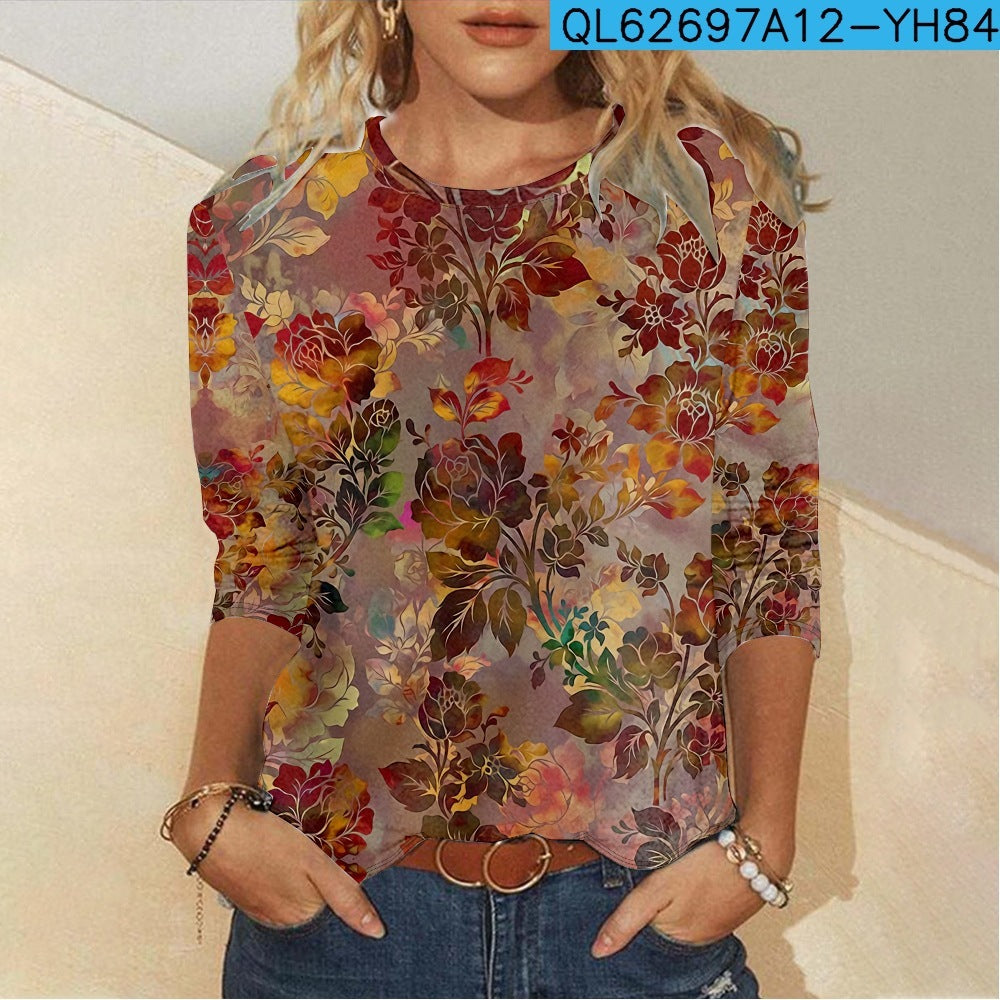 Floral Element Creative Casual Long Sleeve Women's T-shirt