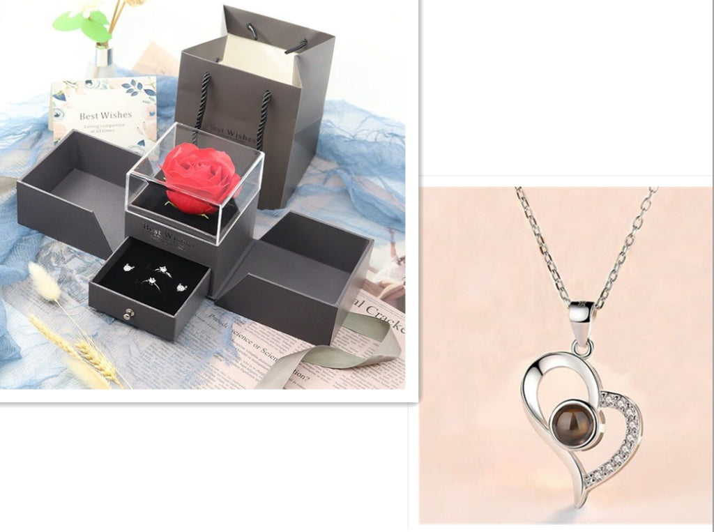 Valentine's Day Gifts Metal Rose Jewelry Gift Box & Necklace