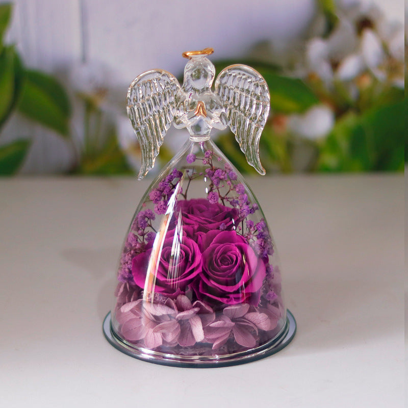 Happy Valentine's Eternal Dried Rose Gift Box with Angel Glass Cover