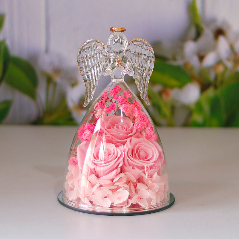 Happy Valentine's Eternal Dried Rose Gift Box with Angel Glass Cover