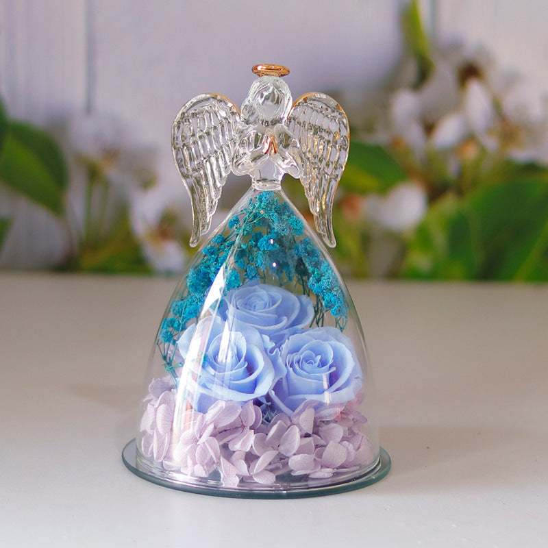 Happy Valentine's Eternal Dried Rose Gift Box with Angel Glass Cover