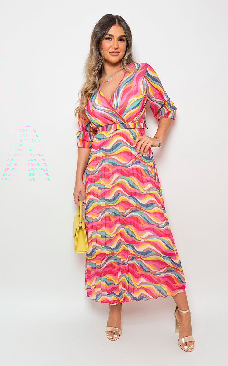 Long Sleeve Printed Maxi Dress with Belt Detail