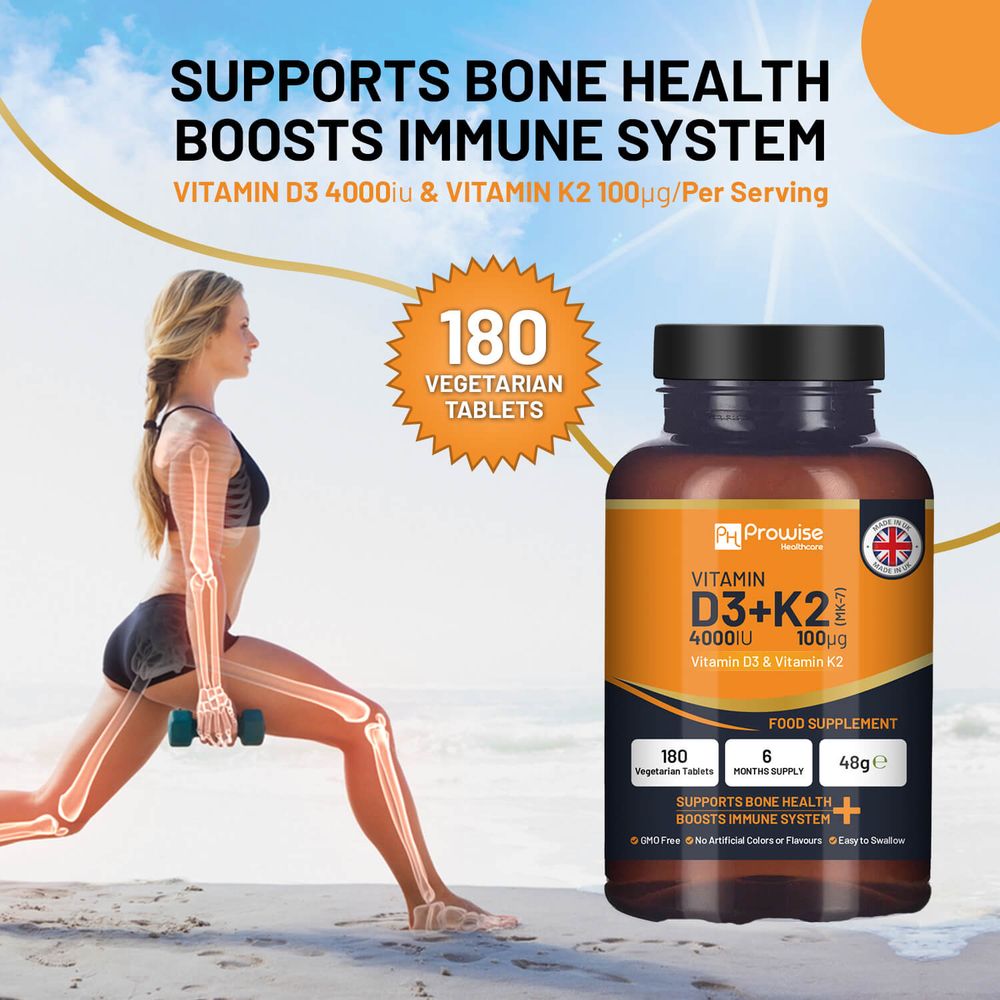 Vitamine D3 4000 UI et K2 MK7 100 μg Végétarien 180 comprimés Supplément pour le soutien immunitaire Augmentation du calcium, des os et des muscles par Prowise