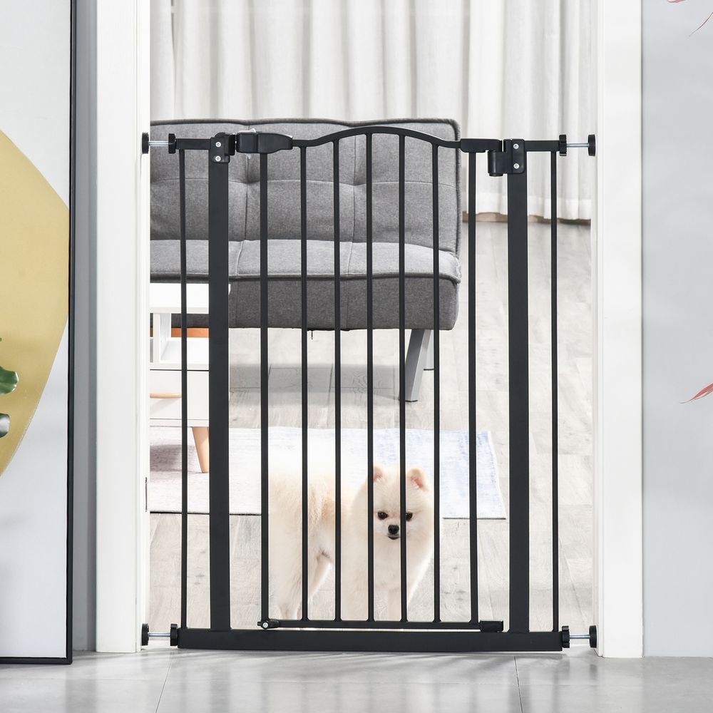 Barrière de sécurité réglable en métal pour animaux de compagnie de 74 à 80 cm avec porte à fermeture automatique, noire