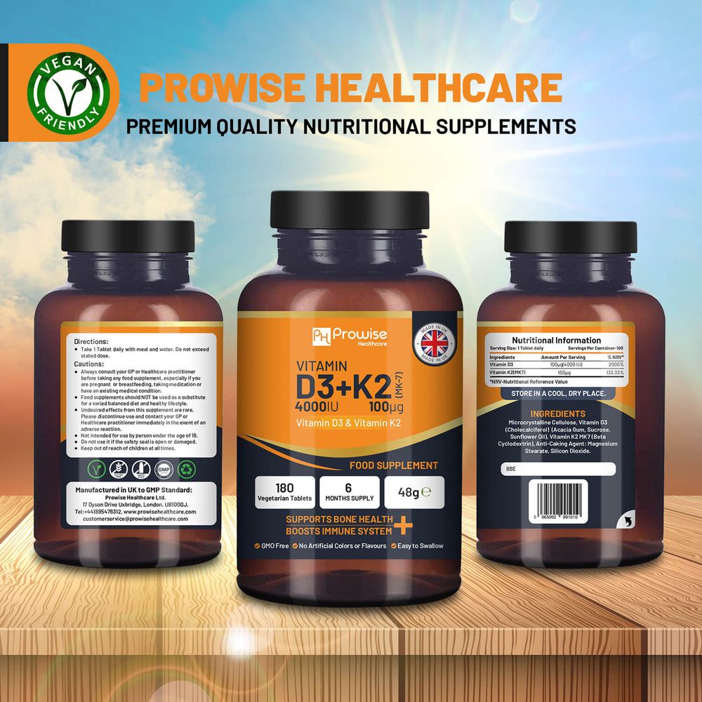 Vitamine D3 4000 UI et K2 MK7 100 μg Végétarien 180 comprimés Supplément pour le soutien immunitaire Augmentation du calcium, des os et des muscles par Prowise