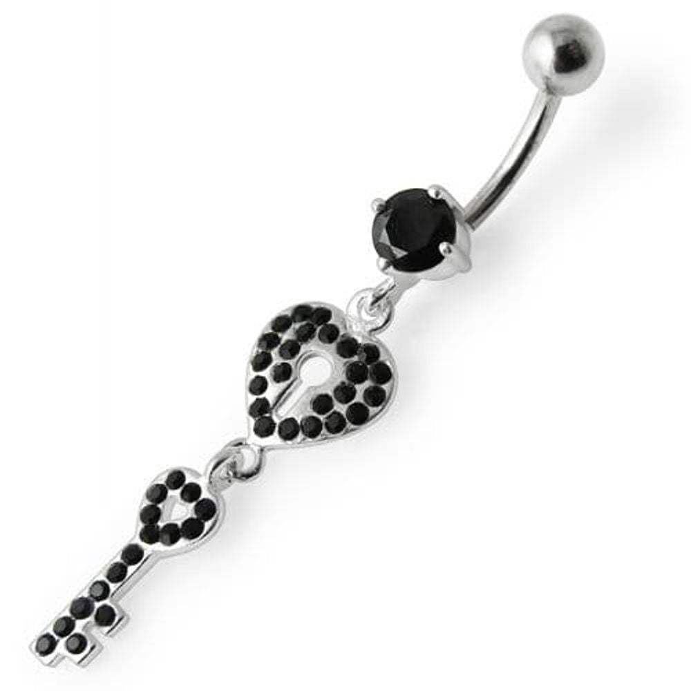 Fancy Jeweled Heart & Key Dangling Navel Ring