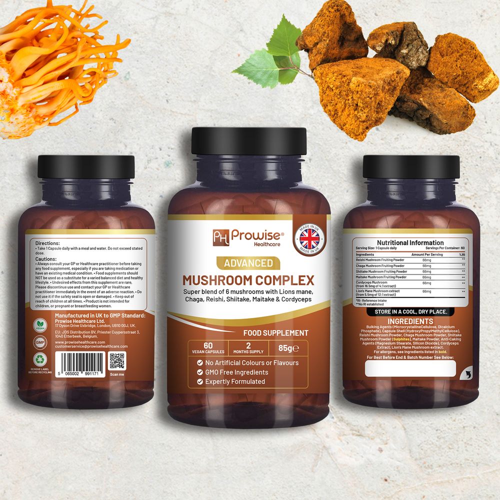 Complexe de champignons avancé | Un super mélange de 6 champignons 60 capsules végétaliennes | Fabriqué au Royaume-Uni