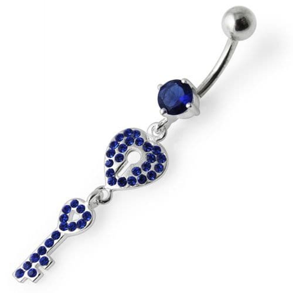 Fancy Jeweled Heart & Key Dangling Navel Ring