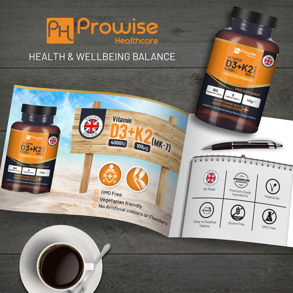 Vitamine D3 4000 UI et K2 MK7 100 μg Végétarien 180 comprimés Supplément pour le soutien immunitaire Augmentation du calcium, des os et des muscles par Prowise