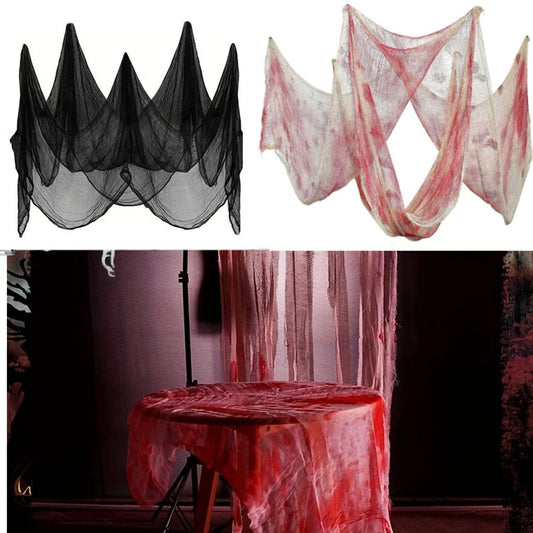 Tissu effrayant pour décoration d'Halloween, accessoire de scène de fête effrayante, maison d'horreur, fenêtre, table, porte, filet, gaze de fil noir et blanc