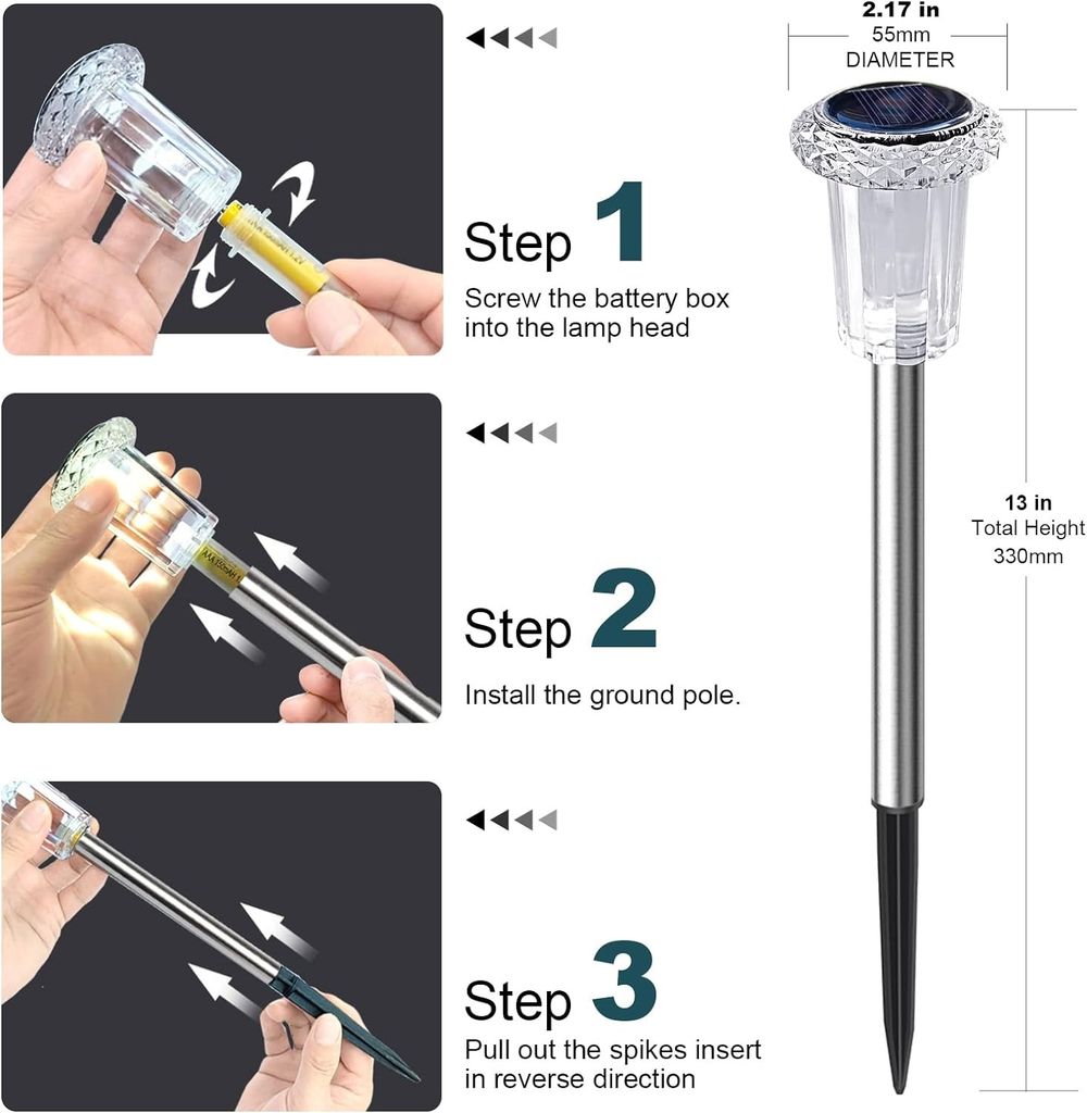 Lampes solaires d'extérieur, veilleuses, lampes solaires étanches en acier inoxydable pour jardin, cour, allée, pelouse, décoration