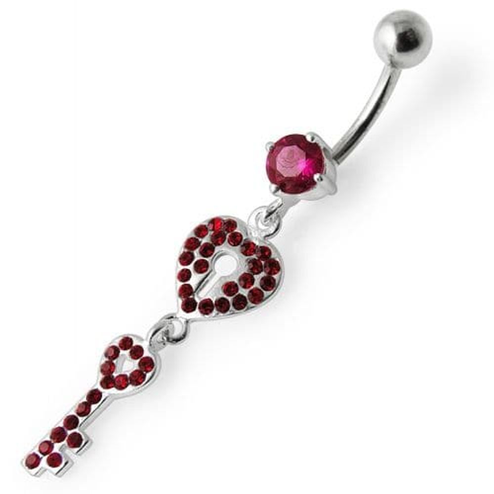 Fancy Jeweled Heart & Key Dangling Navel Ring