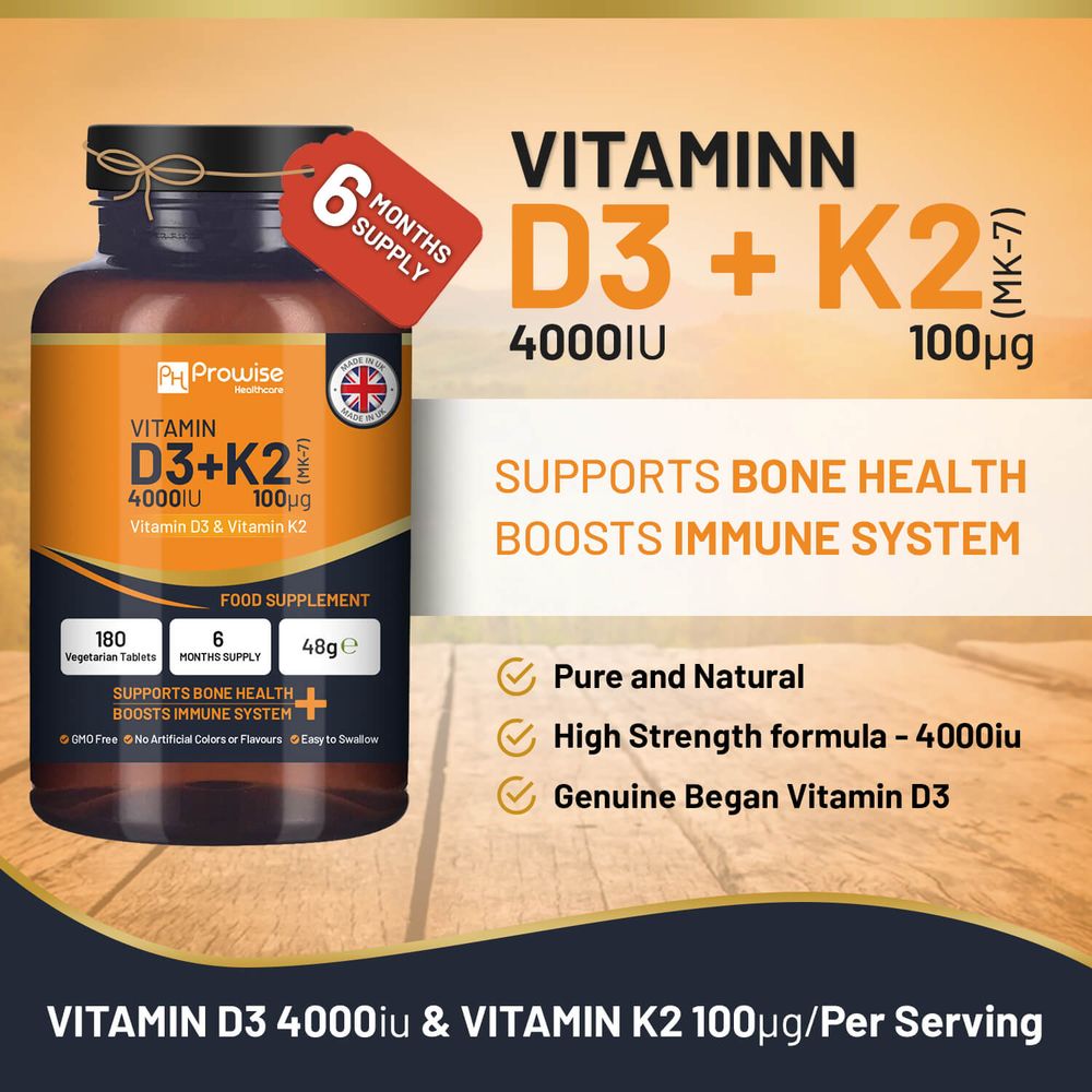 Vitamine D3 4000 UI et K2 MK7 100 μg Végétarien 180 comprimés Supplément pour le soutien immunitaire Augmentation du calcium, des os et des muscles par Prowise