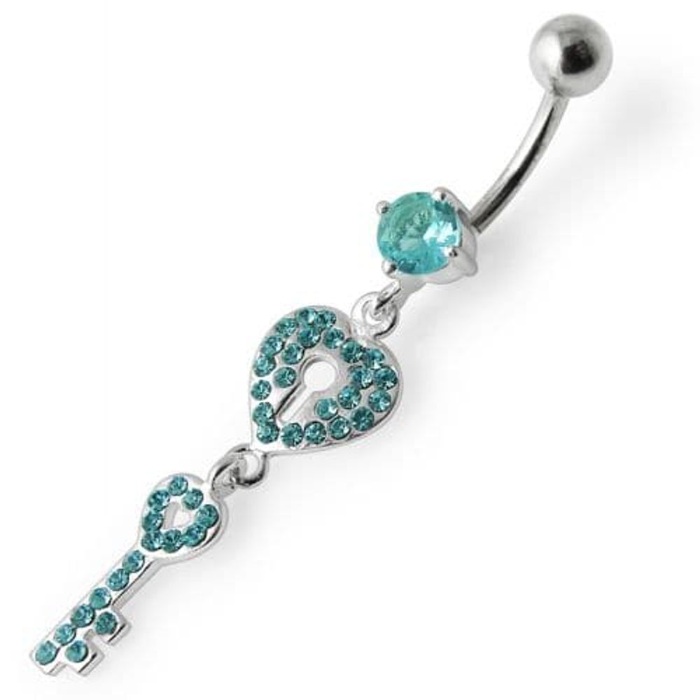 Fancy Jeweled Heart & Key Dangling Navel Ring