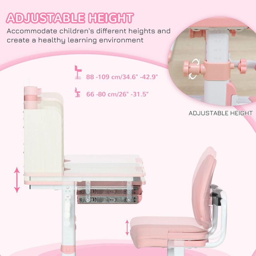 Ensemble bureau et chaise pour enfants HOMCOM avec étagères de rangement, housse lavable - Rose