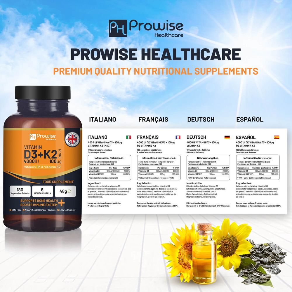 Vitamine D3 4000 UI et K2 MK7 100 μg Végétarien 180 comprimés Supplément pour le soutien immunitaire Augmentation du calcium, des os et des muscles par Prowise