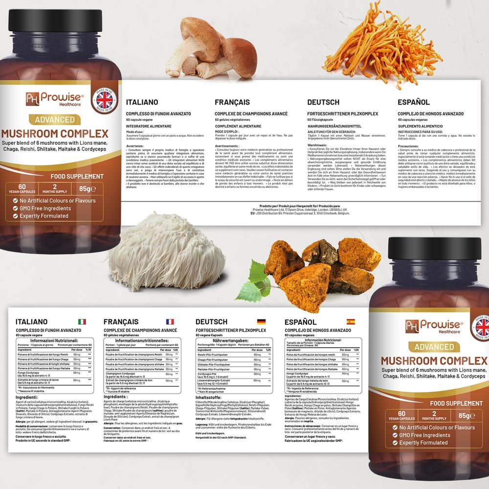 Complexe de champignons avancé | Un super mélange de 6 champignons 60 capsules végétaliennes | Fabriqué au Royaume-Uni