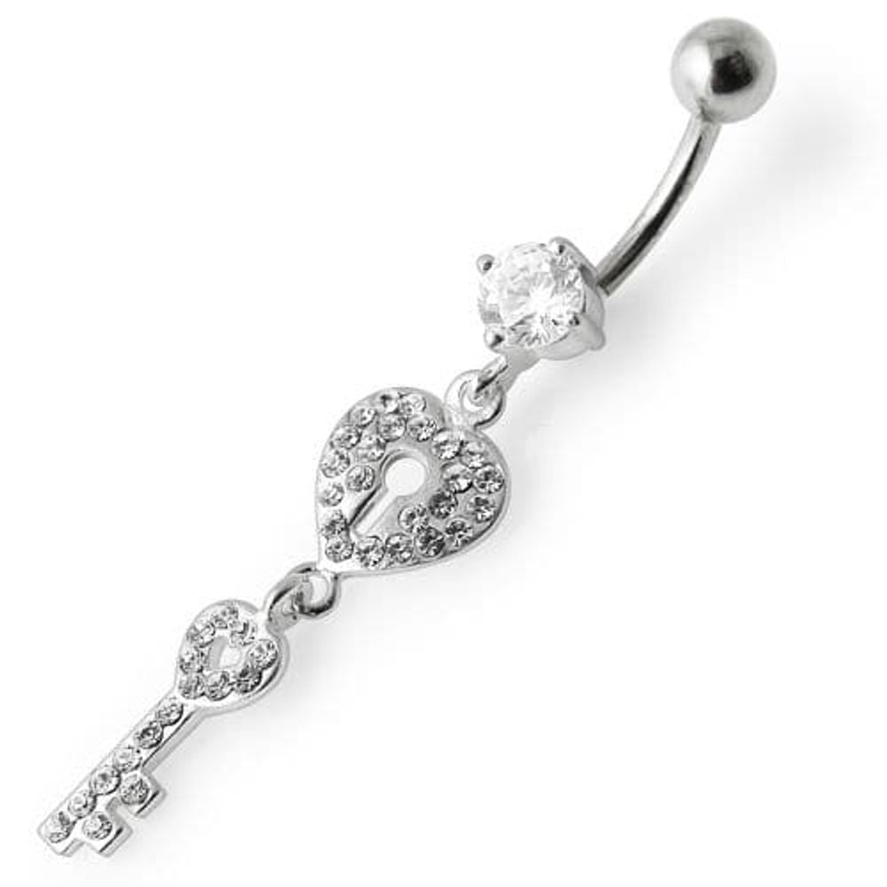 Fancy Jeweled Heart & Key Dangling Navel Ring