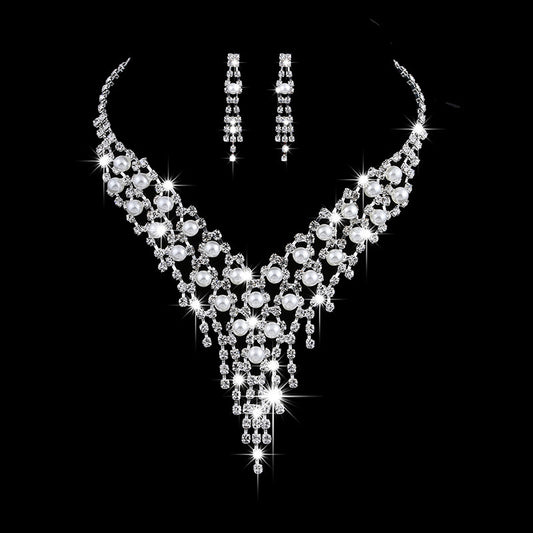Fashion Bridal Jewellery Set - Claw Chain Earrings - Pearl Rhinestone