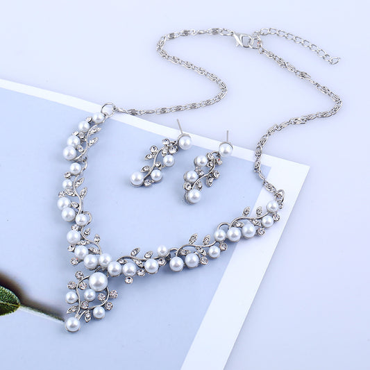 Chain set sweet temperament all-match pearl diamond earrings & necklace