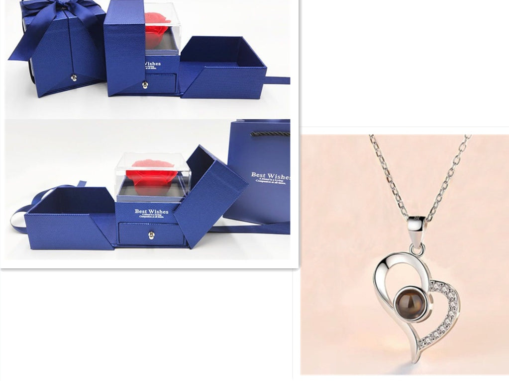 Valentine's Day Gifts Metal Rose Jewelry Gift Box & Necklace