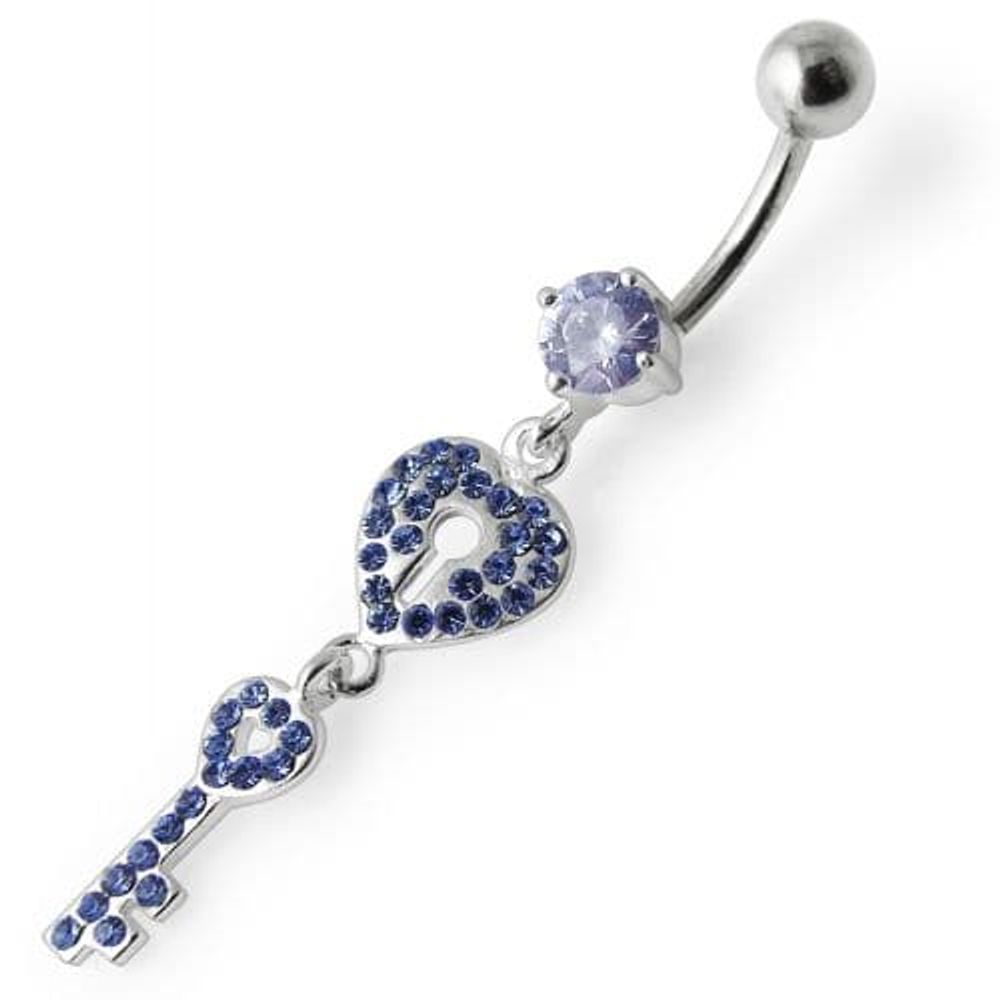 Fancy Jeweled Heart & Key Dangling Navel Ring