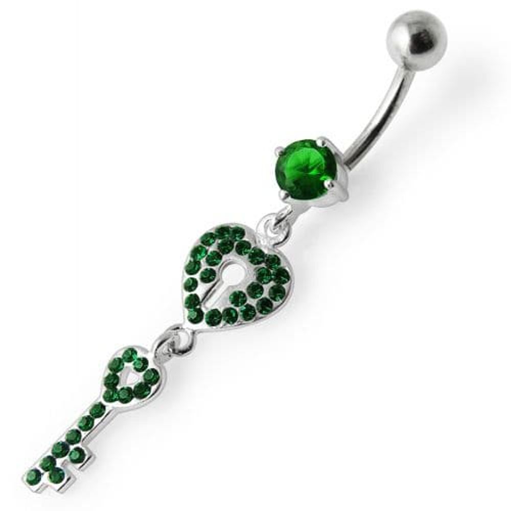 Fancy Jeweled Heart & Key Dangling Navel Ring