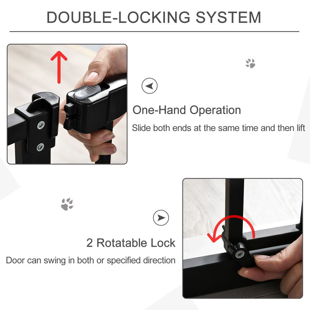 Barrière de sécurité réglable en métal pour animaux de compagnie de 74 à 80 cm avec porte à fermeture automatique, noire