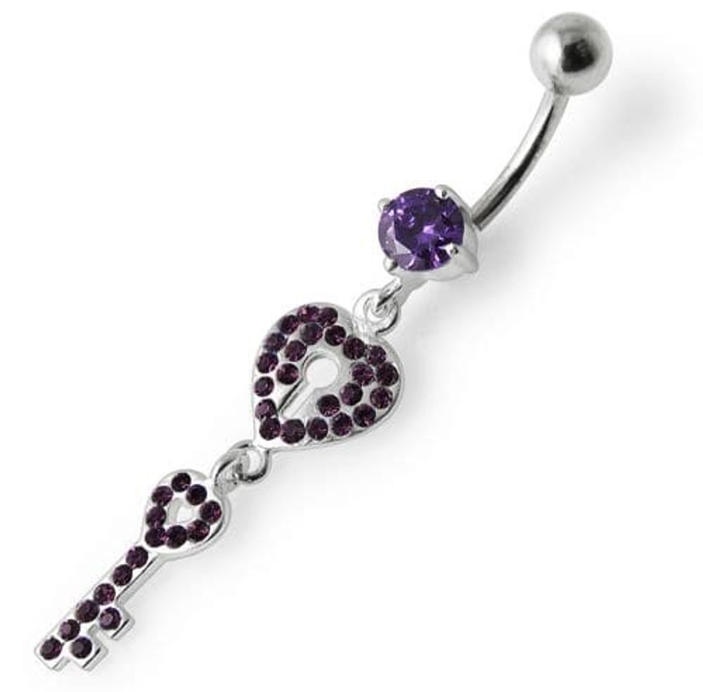 Fancy Jeweled Heart & Key Dangling Navel Ring