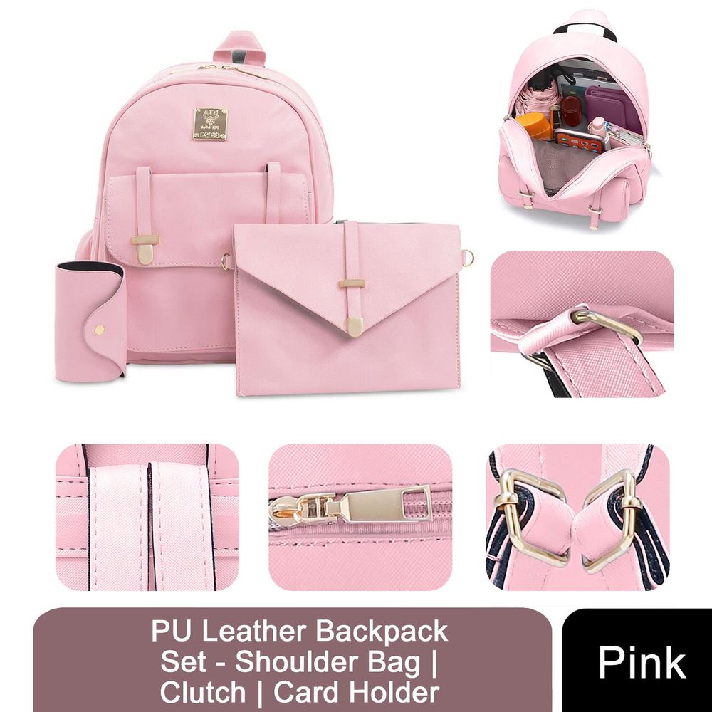Ensemble 3 pièces en cuir PU pour femme Aquarius - sac à bandoulière, pochette et porte-cartes rose