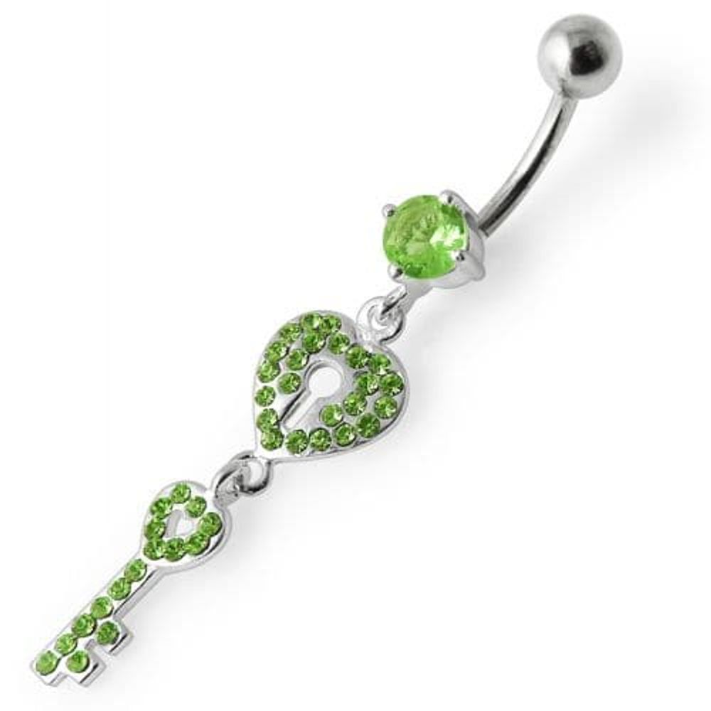 Fancy Jeweled Heart & Key Dangling Navel Ring