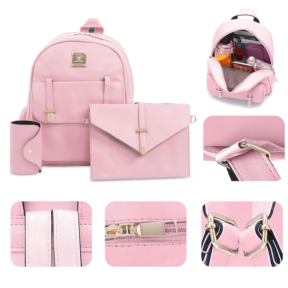 Ensemble 3 pièces en cuir PU pour femme Aquarius - sac à bandoulière, pochette et porte-cartes rose
