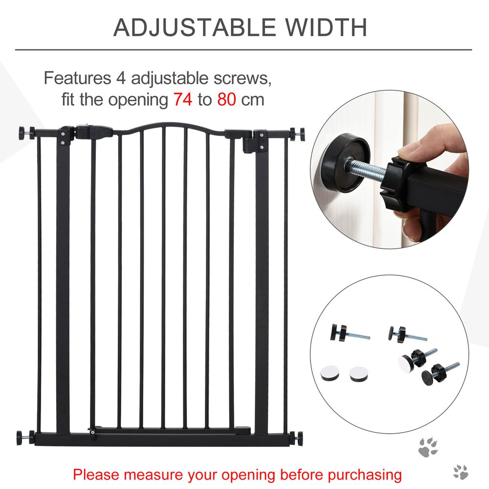 Barrière de sécurité réglable en métal pour animaux de compagnie de 74 à 80 cm avec porte à fermeture automatique, noire