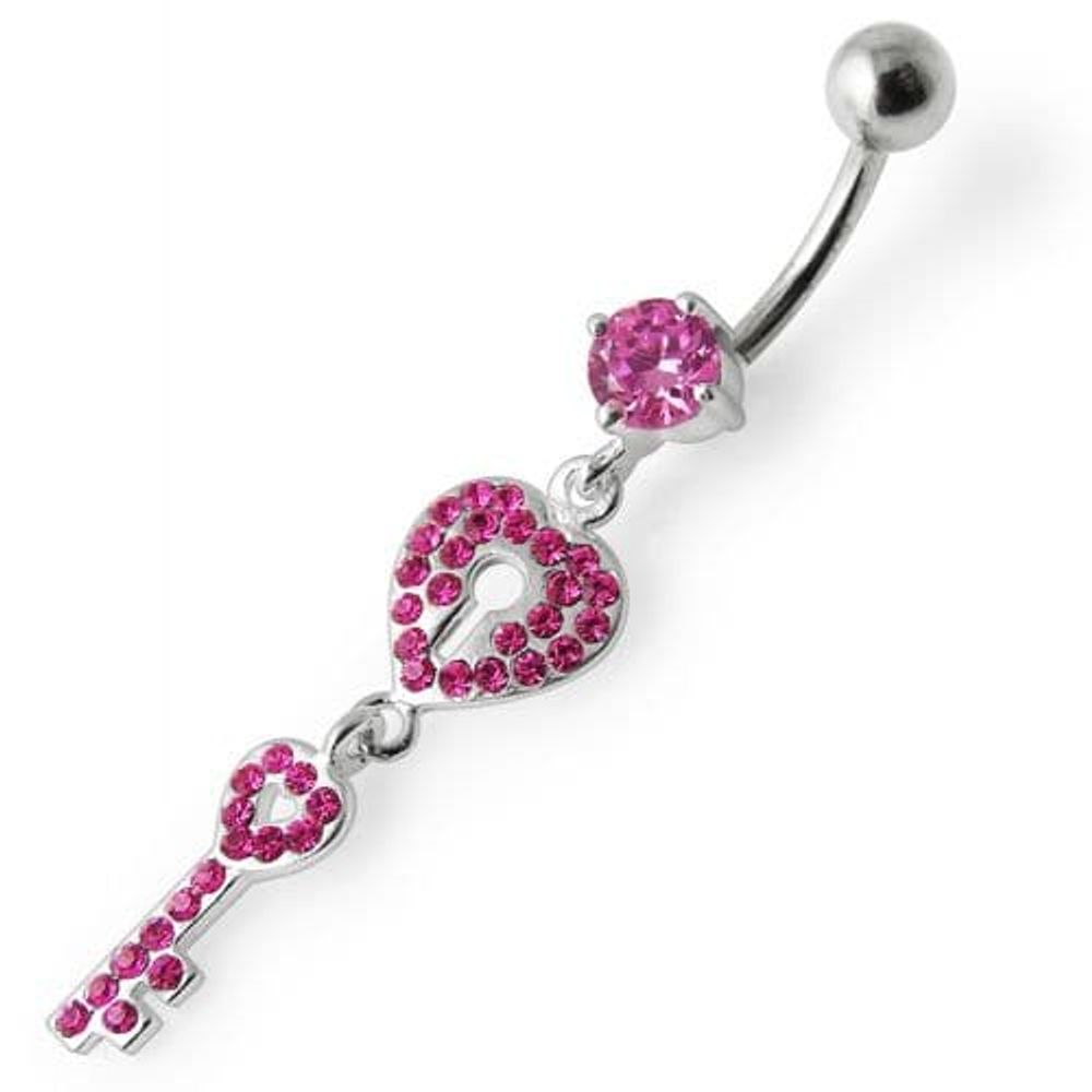 Fancy Jeweled Heart & Key Dangling Navel Ring