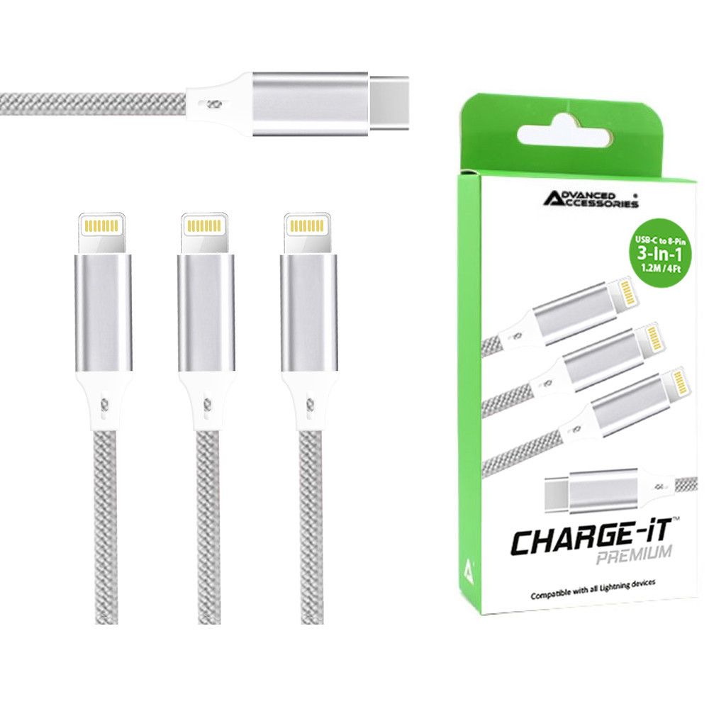 Câble 3 en 1 AA CHARGE-iT (1,2 m) USB-C vers 3 x 8 broches - Argent