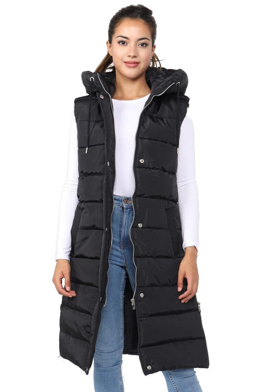 Gilet sans manches rembourré à capuche pour femmes et filles, long, chaud, avec fermeture éclair